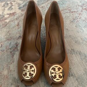 Tory Burch Tan Brown Peep-Toe Wedge Heels